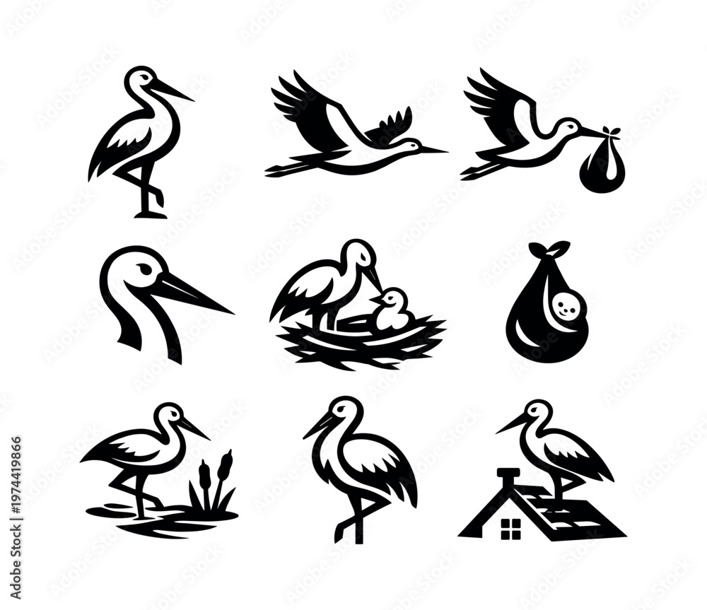 Obraz premium Black and white stork silhouette icons collection, bird vector illustrations, wildlife designs