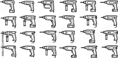 Construction and DIY Power Drills Black  White Line Art Vector Set. Handheld Electric Drill Tools Outline Icons for Renovation and Repair Industry.