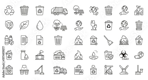 Collection of icons representing recycling, waste management, environmental protection, and sustainability on a white background, featuring various symbols
