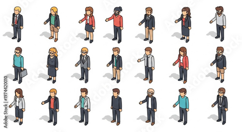 Isometric pixel art characters set of diverse people.