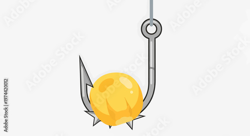 Bright yellow bait impaled on a sharp fishing hook, isolated.