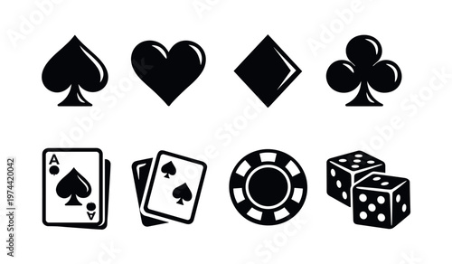 Vector illustration of playing card suits and casino elements in black and white silhouette style