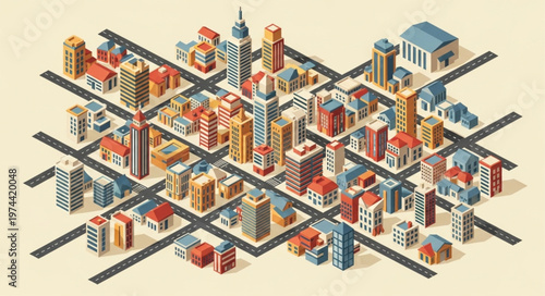 Isometric Urban City Block Grid With Buildings.