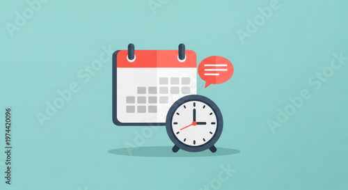 Calendar icon with a clock and speech bubble on a light blue background, representing scheduling and time management concepts