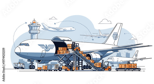 Cargo Plane Loading with Boxes for Worldwide Shipping and Delivery.