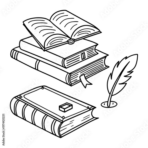 A minimalist line art illustration of a stack of books with a quill pen and inkwell