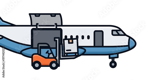 Cartoon Airplane Loading Cargo with Forklift for International Shipping.