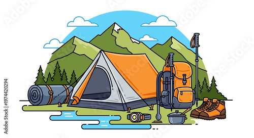 Camping Adventure - A Vibrant Illustration of Outdoor Exploration and Hiking.