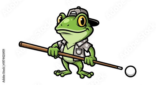 Cartoon Frog with a Pool Cue and Billiard Ball.