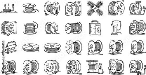 Electrical and Industrial Cable Reels Vector Outline Icons Set. Black  White Line Art Collection of Wire Spools, Extension Cords, and Connectors.