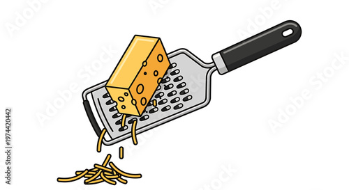 Close-up of a cheese grater with a block of cheese and grated cheese.