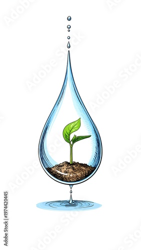 A single green plant sprout grows inside a large teardrop-shaped water droplet