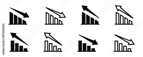 Set of black and white vector arrow and bar graph icons illustrating rising and falling trends