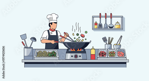 Chef skillfully cooking food in a wok with professional utensils.