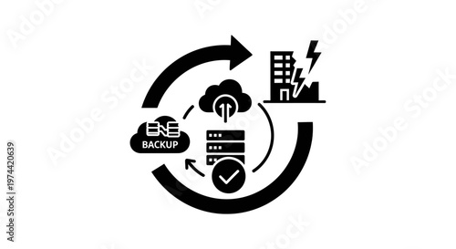 Cloud Backup and Data Recovery System Illustrated in Black and White.