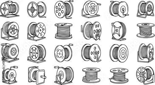 Tableau sur toile Vector Line Art Icons of Industrial Spools, Reels, and Bobbins