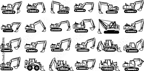 Construction Heavy Equipment Excavators and Diggers Black and White Line Art Seamless Pattern Background