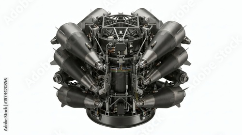 A detailed view of a complex radial aircraft engine with multiple cylinders and exhaust pipes, isolated on a white background.