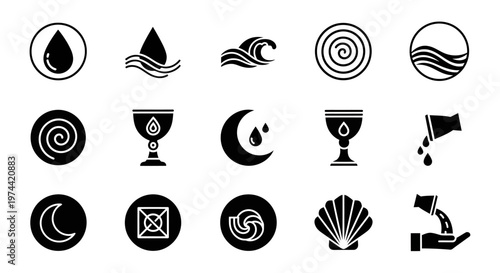 Collection of Black and White Water and Nature Icons.