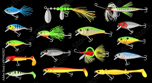 Collection of Colorful Fishing Lures Isolated on Black Background.