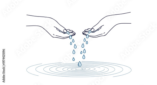 Two cupped hands gently letting water drip into a pool creating ripples in a minimalist line art style