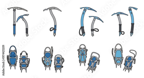 Collection of Ice Axes and Crampons for Mountaineering and Climbing.