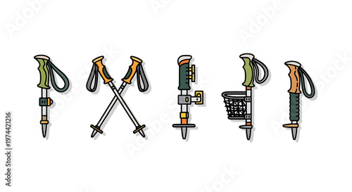 Collection of Hiking Poles Isolated on White Background for Outdoor Adventures.