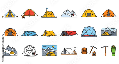 Collection of Illustrated Camping Tents and Hiking Gear Elements.
