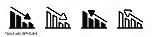 Business decline symbols in black and white flat vector style including bar charts and arrows