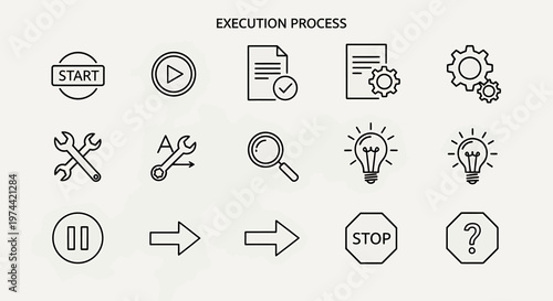 Collection of Minimalist Icons Depicting Various Aspects of Execution Process.