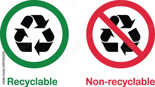 recyclable and non recyclable symbols indicating waste sorting and environmental responsibility, clear vector icons set for eco-friendly practices, sustainability education, and green lifestyle