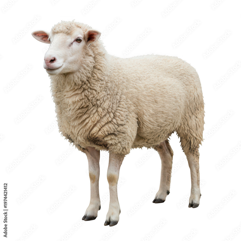 Obraz premium Full body view of a standing white sheep isolated on a transparent background