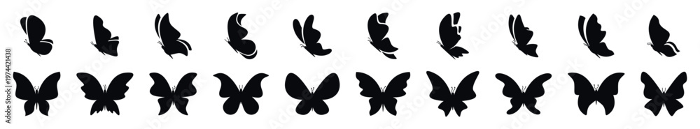 Obraz premium Collection of butterfly silhouettes in black and white, butterfly shapes, insect silhouette, vector illustration
