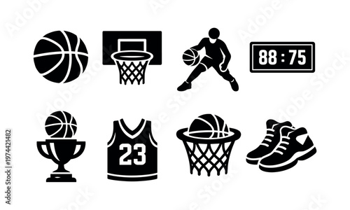 Basketball elements, icon set featuring player, ball, hoop, shoes, and jersey, black and white silhouette vector