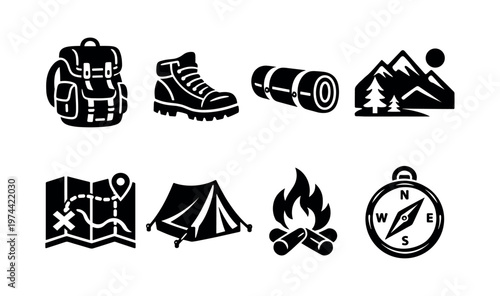 Outdoor adventure icons, backpack, boot, sleeping bag, mountain, hiking, black and white vector silhouette
