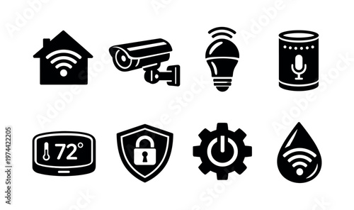 Smart home technology icons set including surveillance camera light bulb microphone house elements in black and white silhouette
