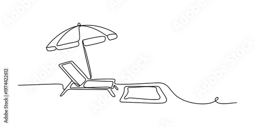 A single line drawing illustration of a beach chair under a sun umbrella on a sandy summer day. Vector, illustration