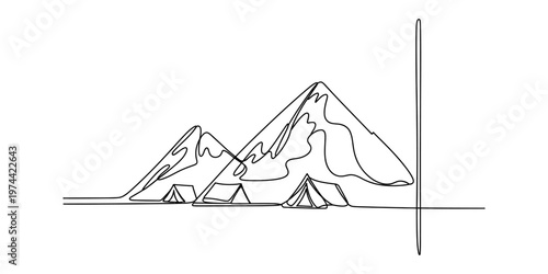 A continuous line drawing depicting a serene mountain camping scene with tents in the landscape Vector, illustration