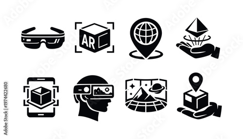 Augmented reality and virtual world icons, vector symbol set, silhouette illustration