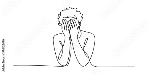 A continuous line drawing depicting a person covering their face in a moment of deep frustration Vector, illustration