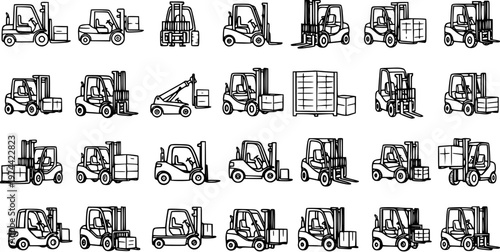 Black and White Line Art Forklift Icons for Logistics and Warehousing Industry