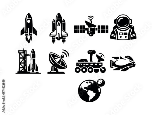 Space exploration icons set featuring rockets astronaut satellite earth vector silhouette illustration