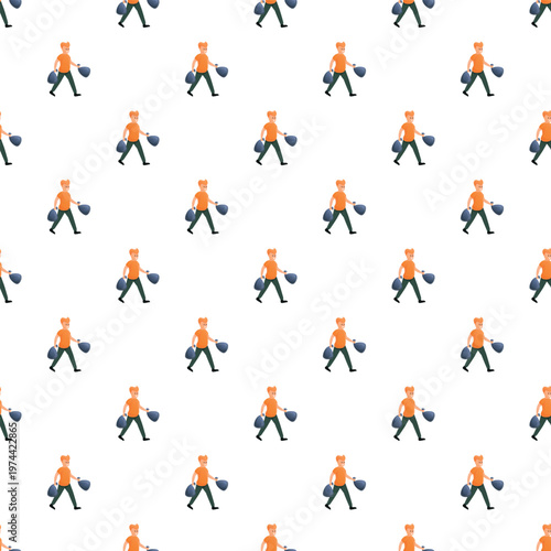 Man in an orange shirt carrying a black trash bag repeating on white background