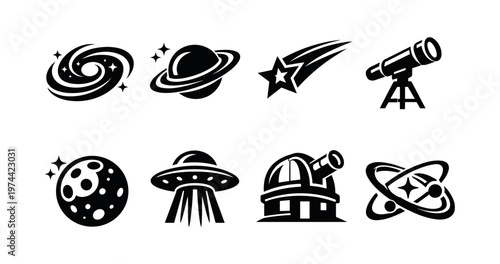 Set of space themed icons featuring planets, telescope, ufo, and astronomical elements in black and white silhouette