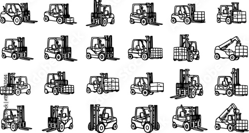 Foto Black and White Line Art Forklifts Collection, Industrial Machinery Vector Icons
