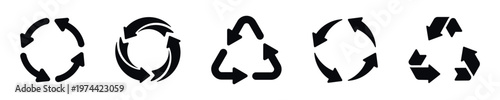 Set of black silhouette recycling symbols with arrows circular and triangular designs
