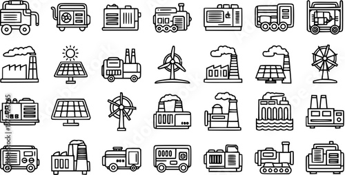 Power Generation Line Art Icons. Energy and Industrial Outline Vector Symbol Set featuring Generators, Solar Panels, Wind Turbines, and Power Plants.