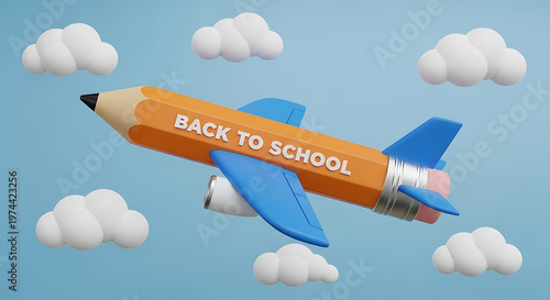 A colorful airplane pencil flying through fluffy white clouds in a bright blue sky with copy space for Back to school