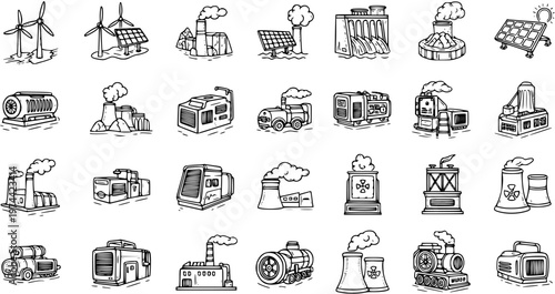 Black and White Line Art Icons of Energy Production and Industry Buildings