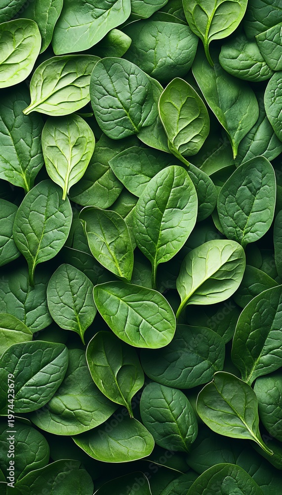 Fototapeta premium Fresh Green Spinach Leaves Displayed in a Seamless Background from an Overhead Close-Up View